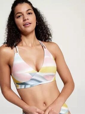CALIA Women's  Triangle Bikini Low Support Swim Top Sediment Stripe Puya L